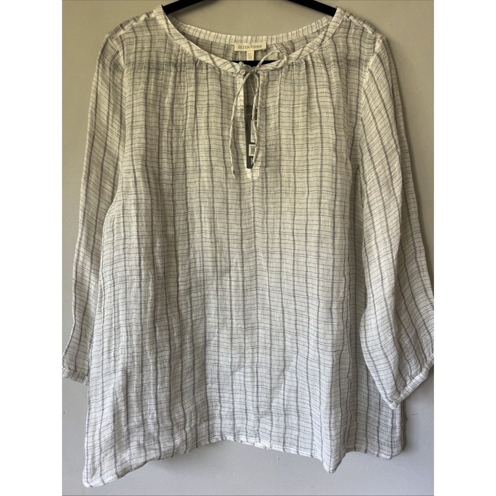 NEW Eileen Fisher 100% Linen Gauze Windowpane Wide Neck Box-Top Pewter Size L